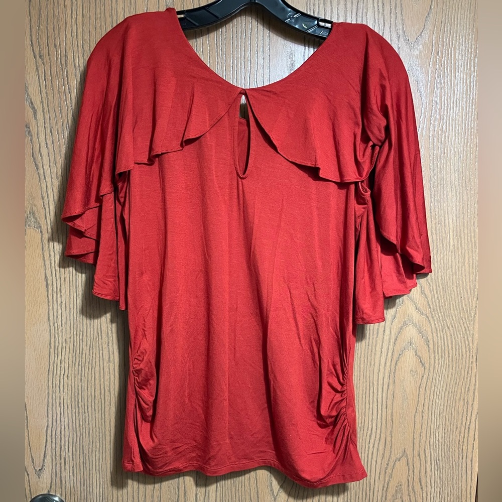 Red Ruffle Blouse with Ruched Sides